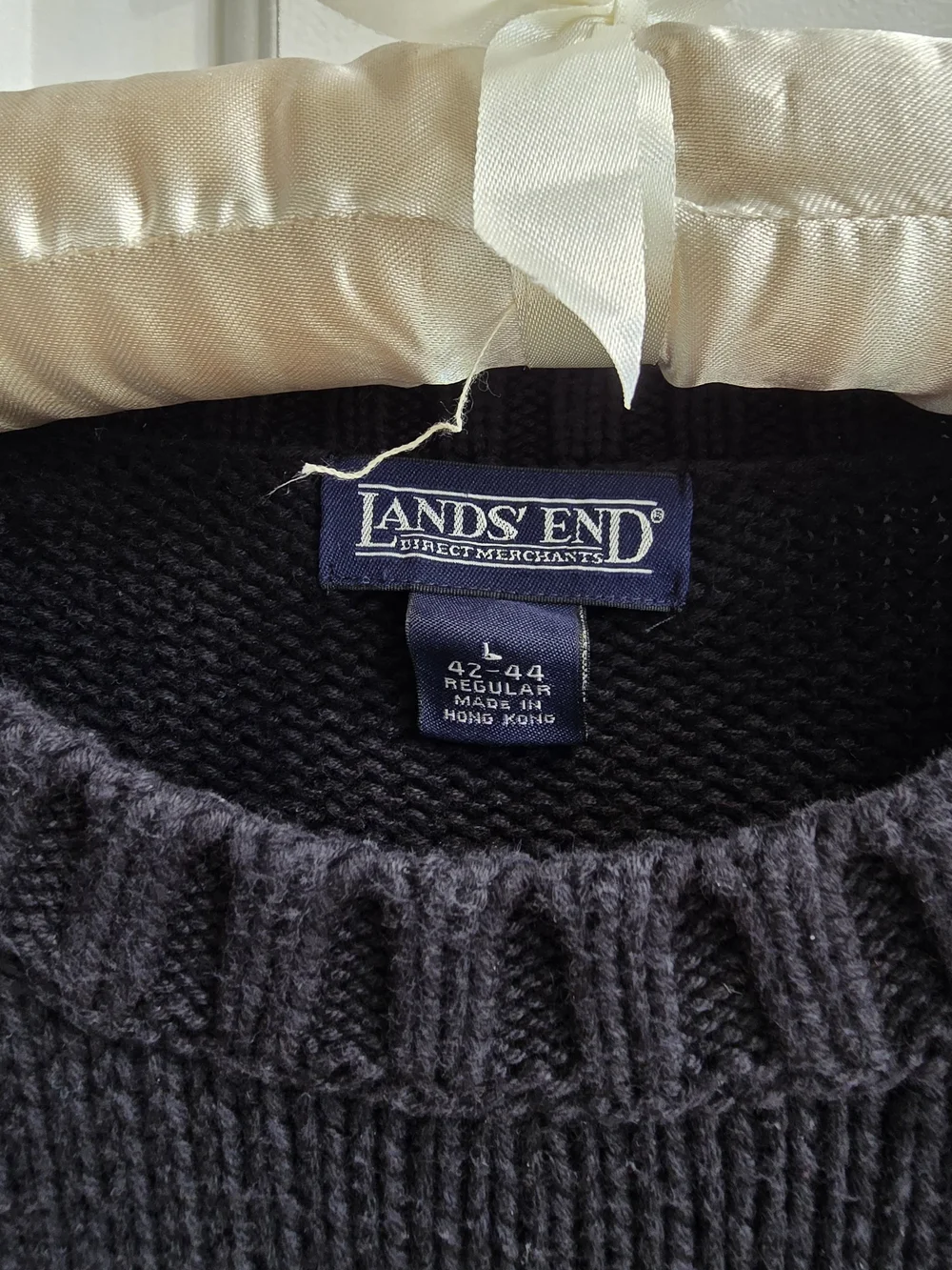 Lands' End Black and White Fair Isle Reindeer Cable-Knit Crewneck Sweater
